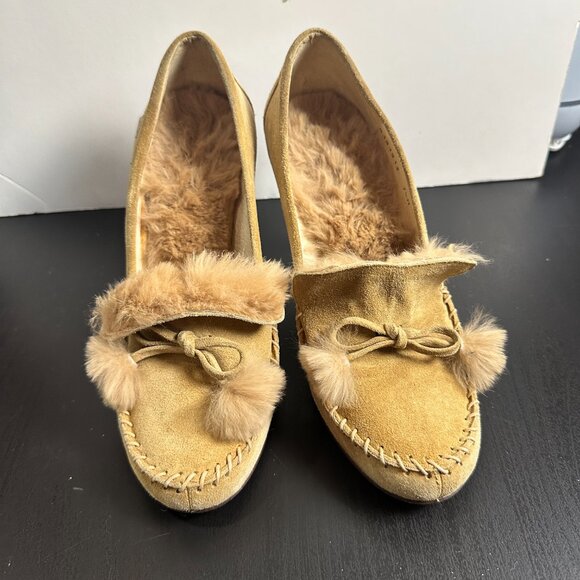 StUnNiNg Fur Lined DELMAN Suede Loafer Style Heels Tan Brown Size 7.5 - Picture 5 of 15